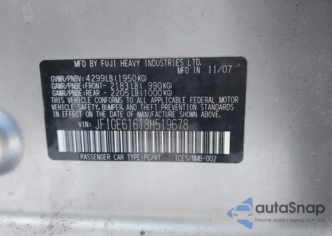 2008 Subaru Impreza 2.5I z USA, uszkodzony, nr VIN JF1GE61618H519678